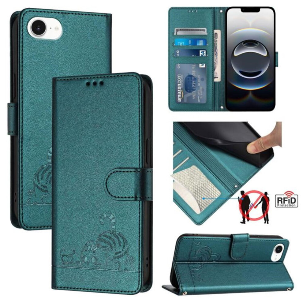 Rfid-Blocking Pu Leather Flip Wallet Case For Iphone 16E 6.1", Cat-Embossed, Strong Magnetic Closure, Card Slots, Hanging Rope, Green 9482726194316