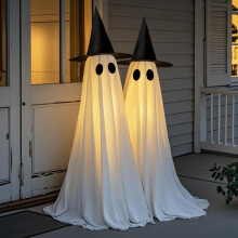 Lot de 2 décorations fantômes d'Halloween résistantes au vent de 1,5 m avec lumières USB, sacs à eau et chapeaux — Usage intérieur/extérieur