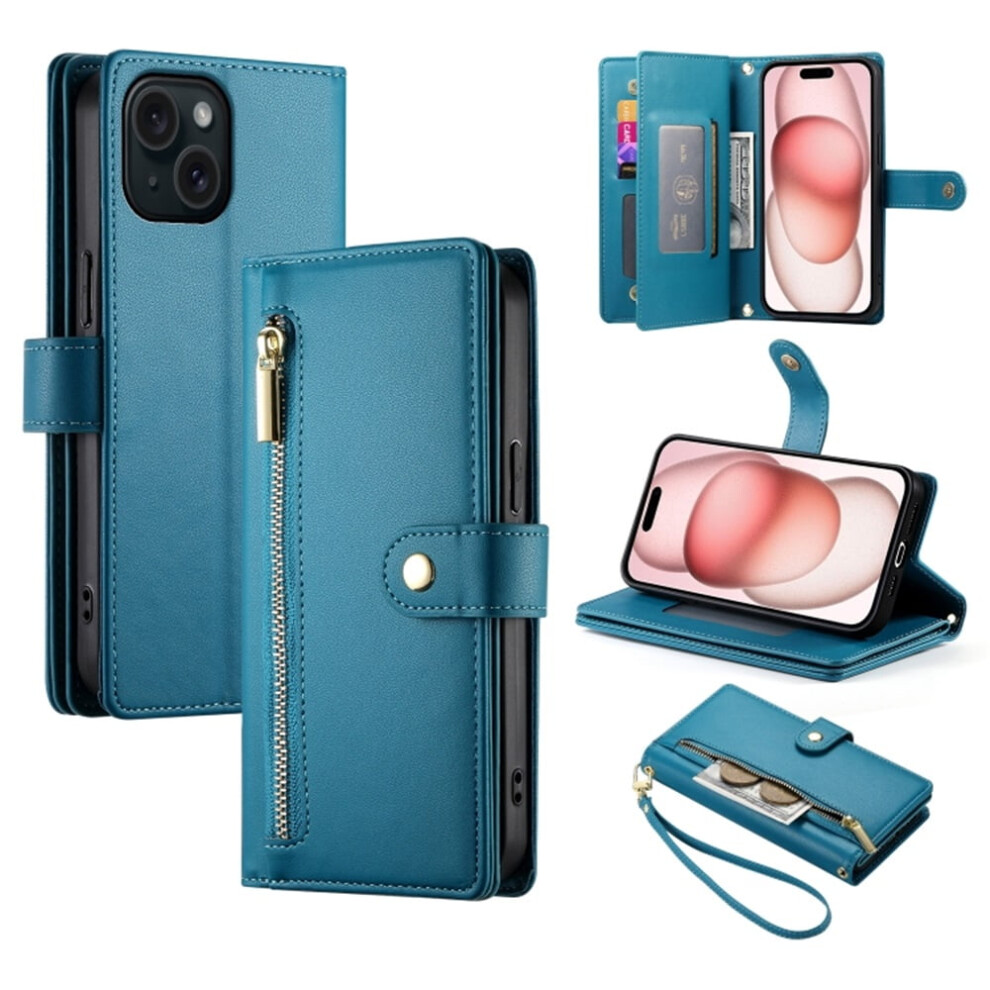 Iphone 15 6.1" Wallet Case Â Leather, Multi-Card Slots, Zipper Pocket, Lanyard Strap, Wristlet, Compatible With Iphone 15 Blue 9327961797840