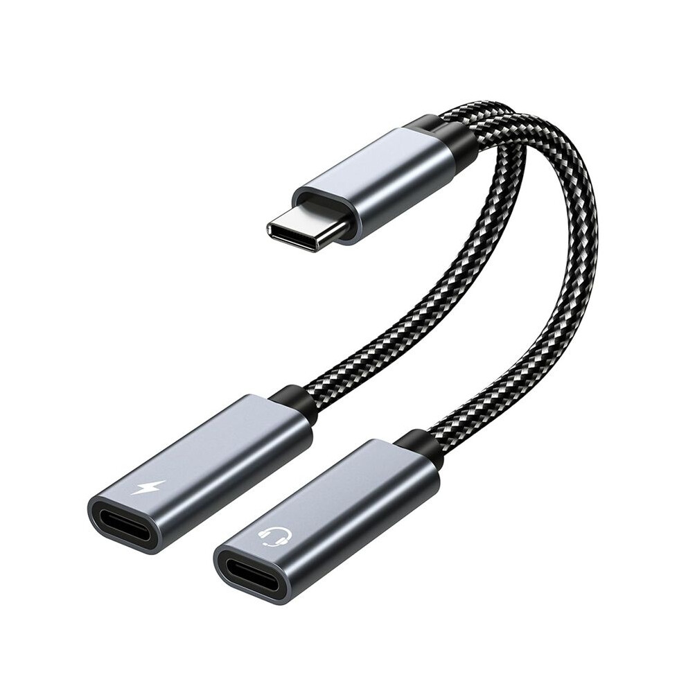 Usb C Splitter, Dual Usb C Headphone And Charger Adapter 32 Bit/60W Fast Charging Compatible With Most Smartphones Grey 4712125053552