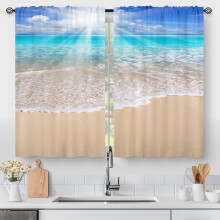 Blue Ocean Beach Kitchen Curtains, Rustic Farmhouse Cafe Window Drapes (2 Panels, 36"x28"), Rod Pocket, Compatible with Standard Rods