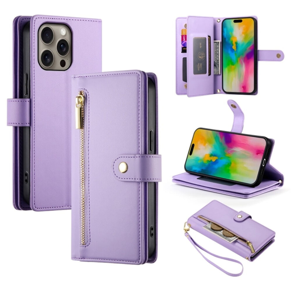 Leather Wallet Case For Iphone 16 Pro 6.3" Â Multi-Card Slots, Zipper Pocket, Lanyard Strap, Wristlet Â Compatible With Iphone 16 Pro Purple 9327961798151