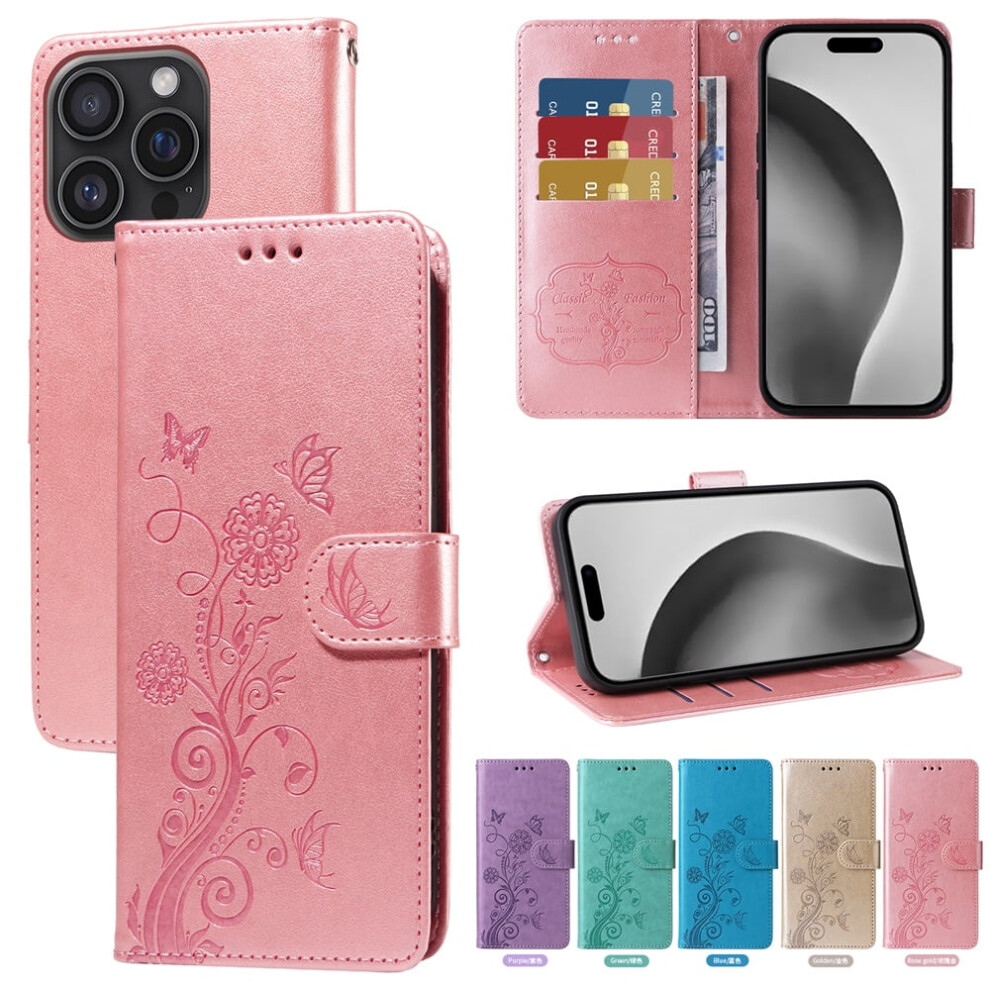 Embossed Butterfly Flower Leather Flip Case For Iphone 16 Pro MaxâShockproof, Kickstand, Card Slots & Cash Compartment Pink 9327961796973