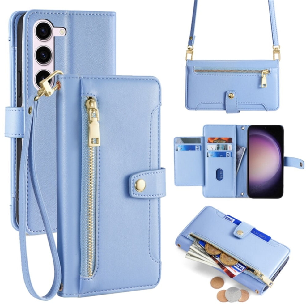 Leather Wallet Case For Samsung Galaxy S24 5G 6.2" Â 6-Card Holder, Zipper Bills Slot, Soft Sheepskin Strap, Blue 9327961798809