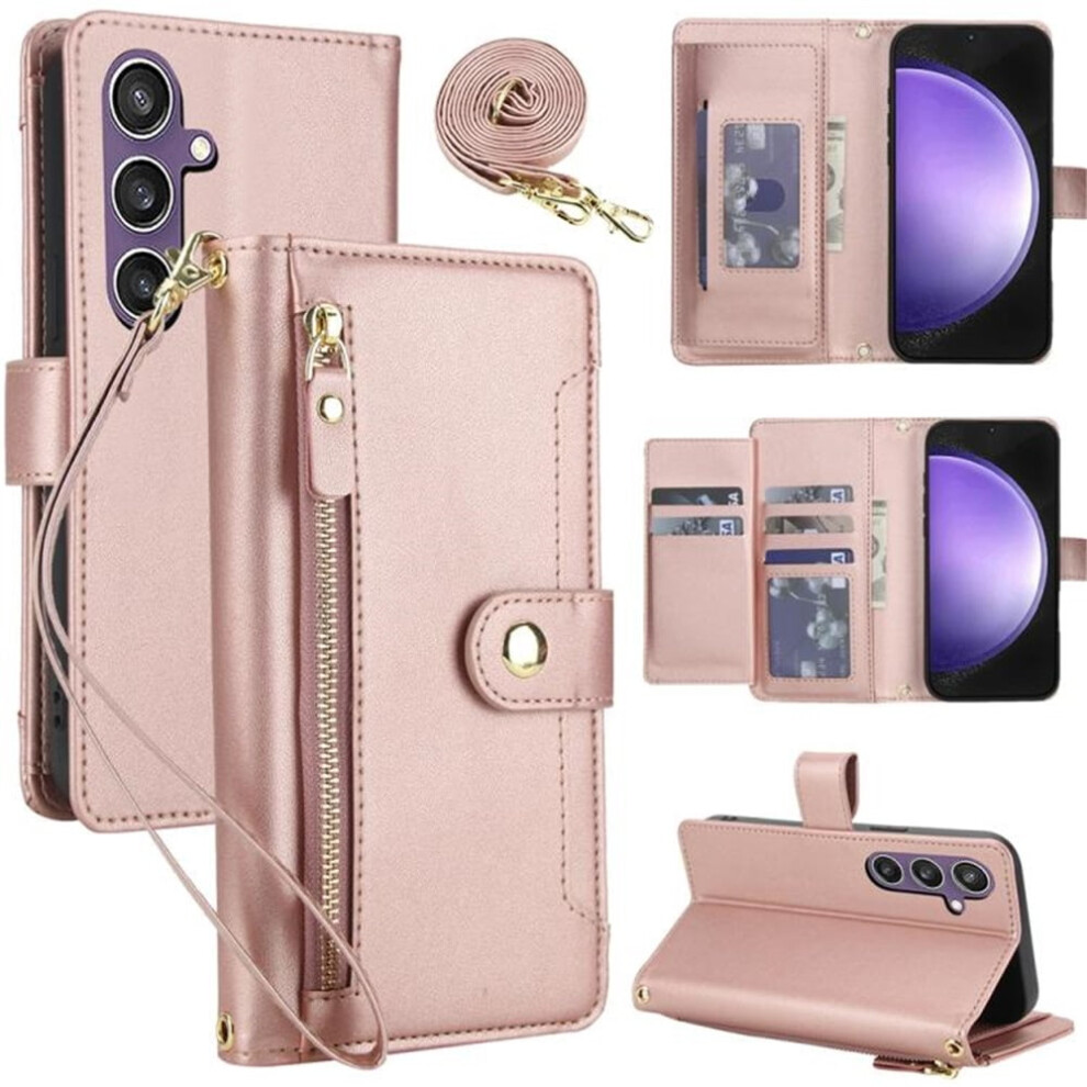 Rfid Blocking Wallet Case For Samsung Galaxy S23 Fe 5G (6.4"), Shockproof, Multi-Card Slots, Zipper Pocket, Detachable Shoulder/Wrist Strap, Rose 9353595708167
