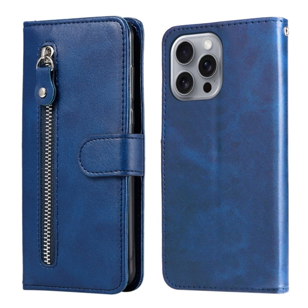 Leather Wallet Case For Iphone 16 Pro (6.3") Â Multi-Card Slots, Zipper Pocket, Compatible With Iphone 16 Pro Blue 9327961798779