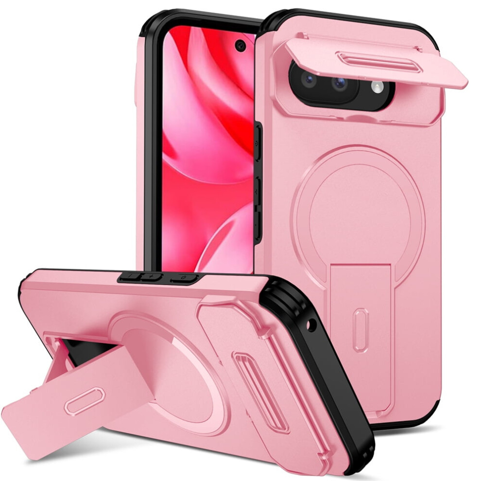 Rugged Case For Google Pixel 9A 6.3" With Fold Holder, Magsafe Charging, Sliding Camera Cover, Shockproof & Dropproof Pink 9193271150015