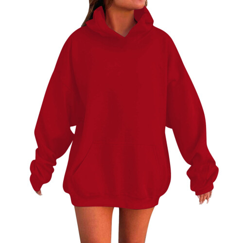 Κόκκινο απλό oversized πουλόβερ με κουκούλα και πουλόβερ για κορίτσια σε άνετη
