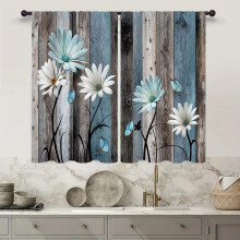 Farmhouse Teal Blue Daisy Kitchen Curtains, 27.5"x39", 2-Pc Rod Pocket, Rustic Floral Cafe Tier, Compatible with Wooden Rods