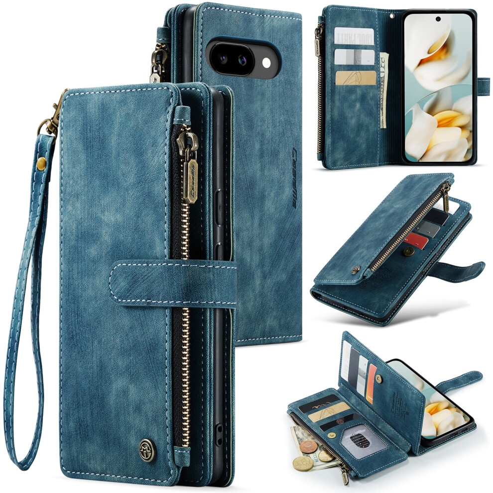 Caseme Wallet Case For Google Pixel 9A (6.3") Â Pu Leather Magnetic Flip, Lanyard Strap, Wristlet & Zipper Card Holder, Compatible With Google Blue 9193271152248