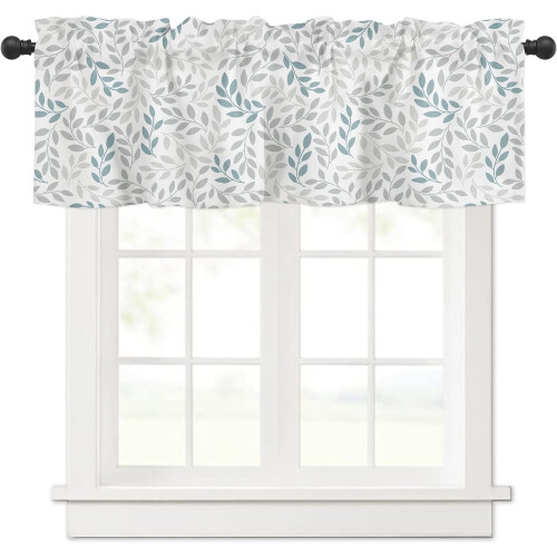 Κουρτίνες κουζίνας Farmhouse Teal Grey Leaf, 54x18", με θήκη για ράβδους, για διακόσμηση