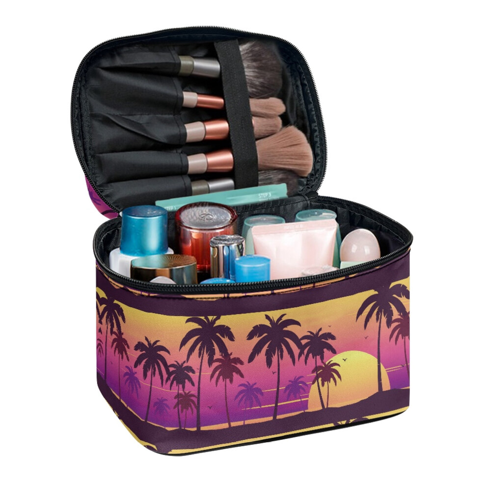 Small Makeup Bag Handheld Travel Makeup Cosmetic Case Organizer with Brush Slots Holds Toiletries Holder Coconut Tree Sunset Pattern