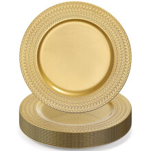 12-Pack 13" Gold Plastic Charger Plates with Leaf Trim – Antique Style for Weddings, Parties, Holidays