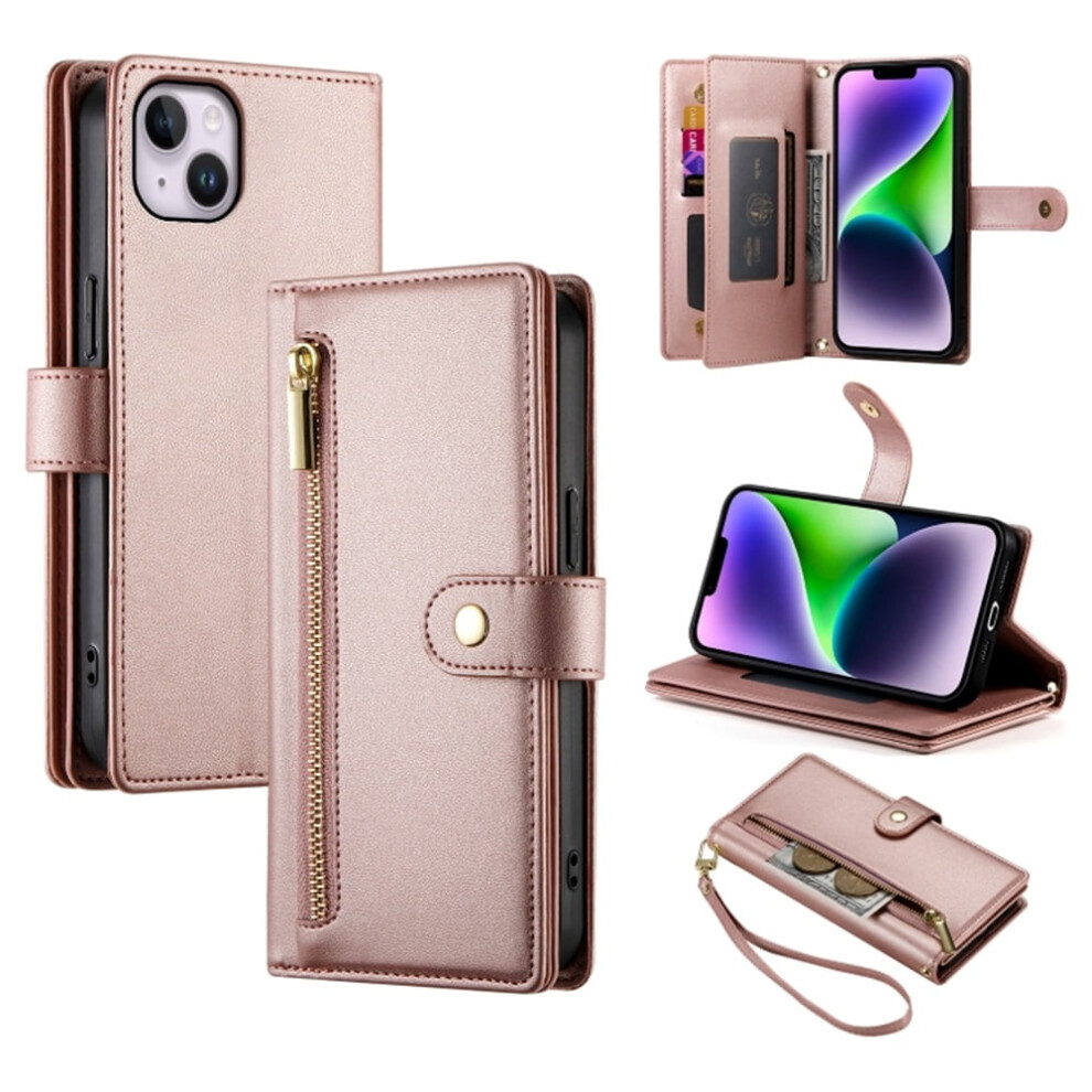 Leather Wallet Case For Iphone 14 Plus 6.7" Â Multi-Card Slots, Zipper Pocket, Lanyard Strap, Wristlet, Compatible With Iphone 14 Plus Pink 9193271153474