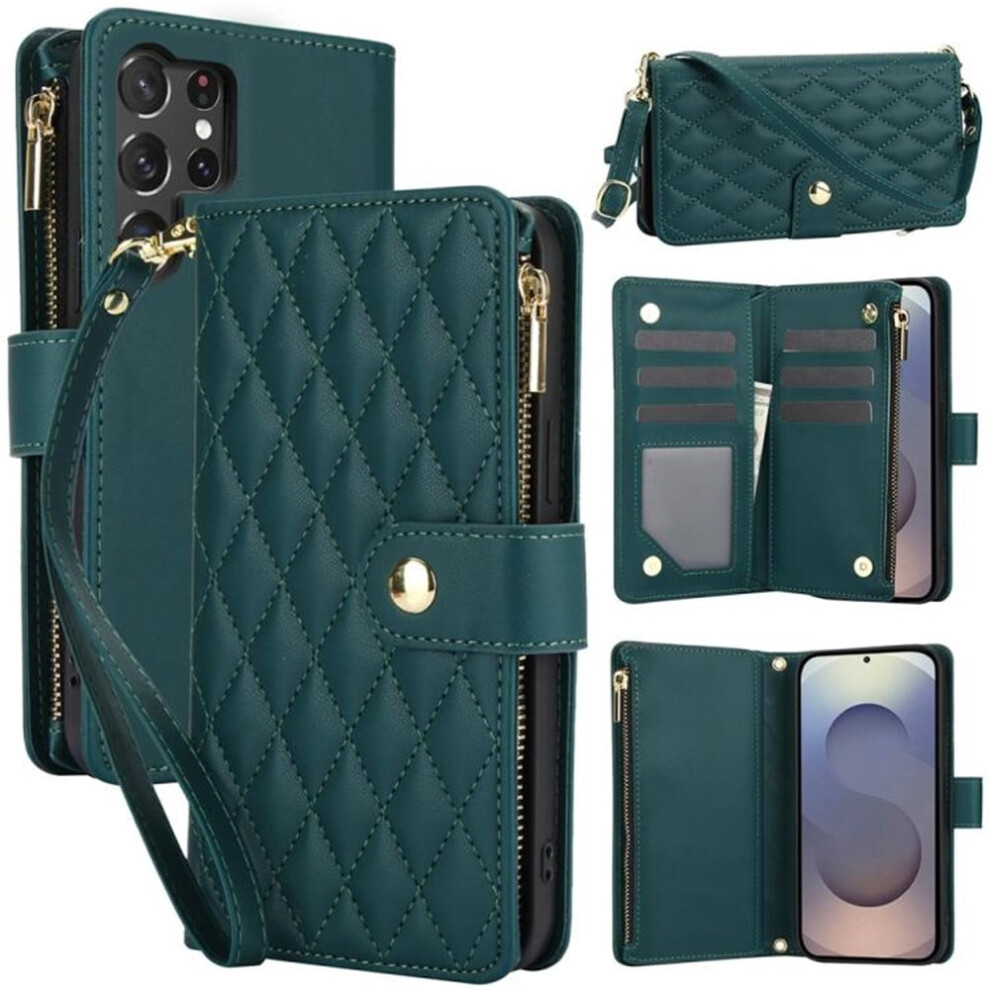 Rfid-Blocking Flip Wallet Case For Samsung Galaxy S24 Ultra 5G Â 3-Card Slots, Kickstand, Wrist Strap & Zipper Green 9353595709829