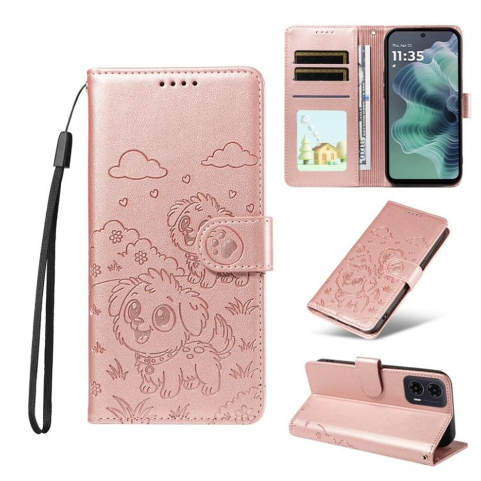 Leather Flip Case For Motorola Moto G35 5G Â Dog Embossing, Rfid Wallet, Magnetic Clasp, Lanyard & Stand Pink 9193271154075