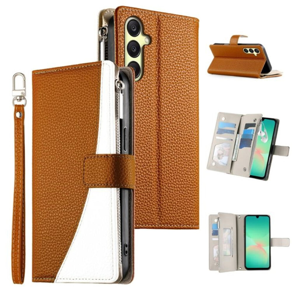 Pu Leather Flip Wallet Case For Samsung Galaxy A16/A17 4G (6.7") – Magnetic Closure, Multi-Card Slots, Zipper Pocket, Hanging Rope, Brown 9327961794665