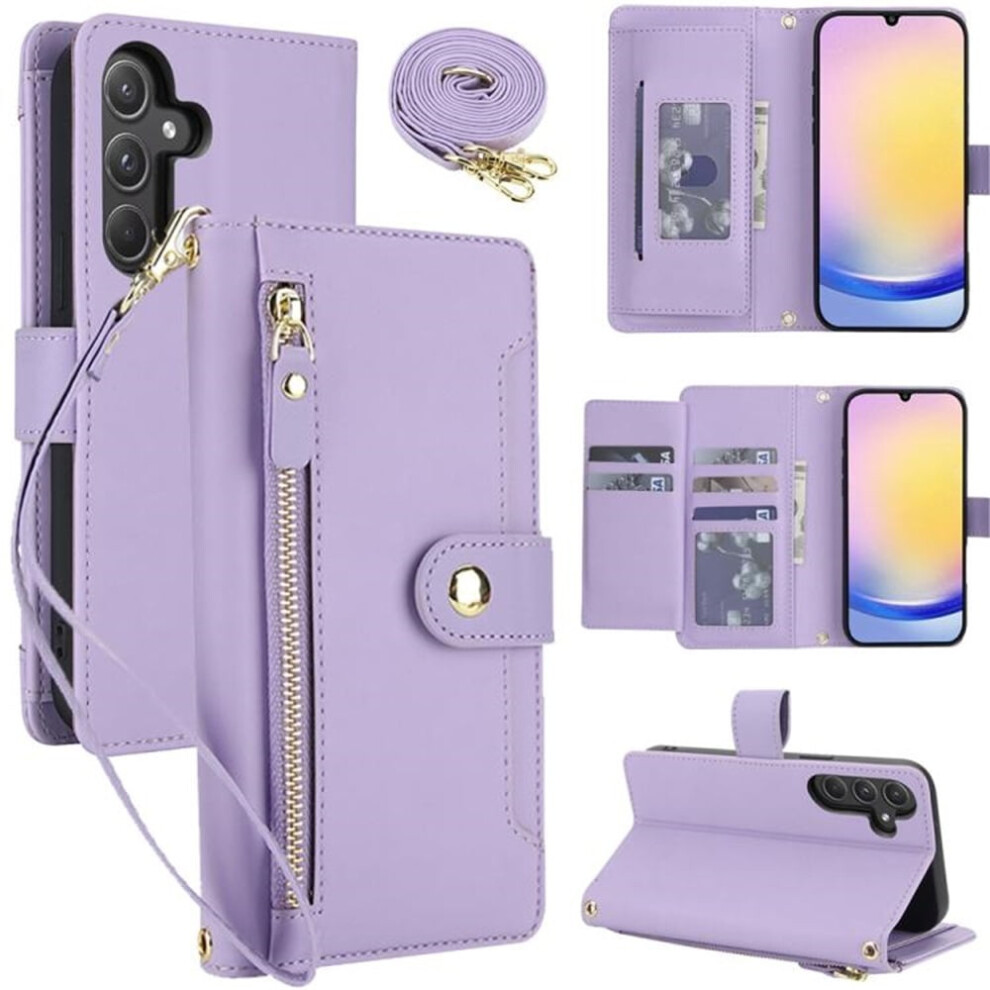 Rfid-Blocking Wallet Case For Samsung Galaxy A24 4G (6.5"), With Multi-Card Slots, Zipper Pocket, Detachable Shoulder/Wrist Straps, Shockproof Purple 9353595710498