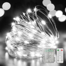 100 LED Blue Fairy Lights, Battery Operated Copper Wire String (32.5ft), Timer/Remote, Indoor/Outdoor — Compatible with AA batteries