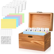 Wooden 3x5 Index Card Holder with 100 Flash Cards, 30 Dividers, Stickers – Compatible with Home & Office