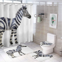 Zebra Watercolor 4-Pc Bathroom Set: Shower Curtain, Non-Slip Rug, Toilet Lid Cover & Bath Mat – Waterproof, Black & White Animal Design