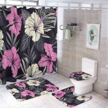 Tropische blad- en bloemendoucheset (4-delig) met badmat, toiletbrilhoes en antislip U-vormige mat – Roze Hibiscus, Waterdicht