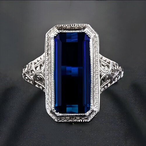 Women's emerald ring with zircon inlay rectangular shape