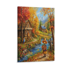 Herbstliches Hüttenmotiv mit Wald und See auf Leinwand, 40 x 60 cm, Erntedank-Dekoration für Schlaf- und Kinderzimmer – Kompatibel mit