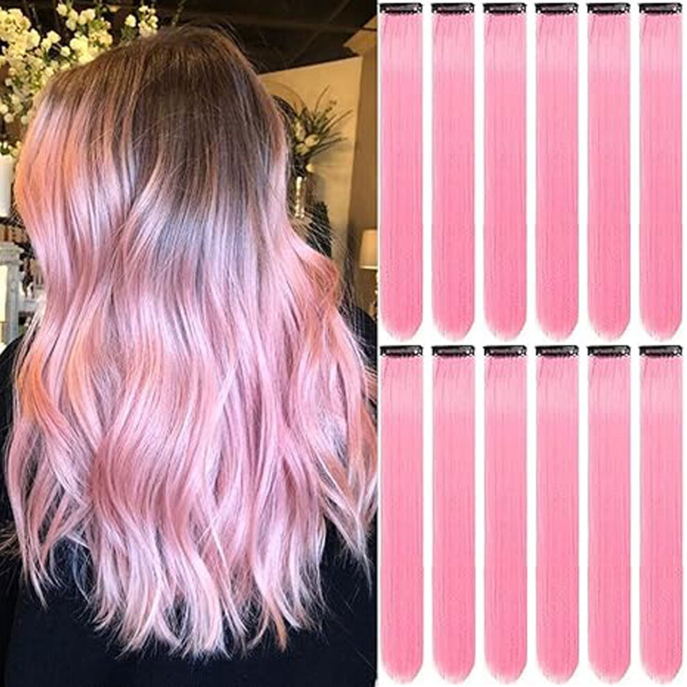 Unisex Pink 12 Pcs 22 Inch Colored Clip-In Hair Extensions, Straight Synthetic Highlighted Hairpieces For Women,