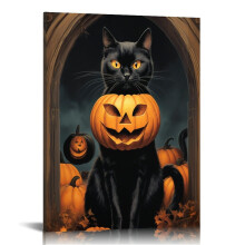 Vintage Halloween Pumpkin & Black Cat Canvas Wall Art – Gothic Horror Poster for Living Room, Bedroom, Bar – Compatible with Halloween Party Decor