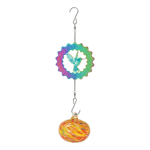Hummingbird-shaped hanging bird feeder with wind chime