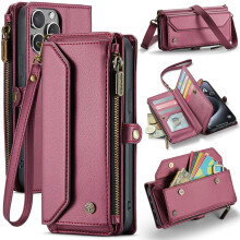 RFID-blockierende Crossbody-Geldbörsenhülle für iPhone 15 Pro Max – 10 Kartenfächer, Geldscheinfach mit Reißverschluss, weiches PU-Leder,