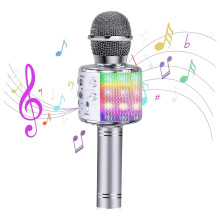 Microfone infantil sem fio com luzes LED, brinquedo para cantar, presente para crianças e adultos, prateado.