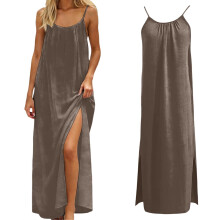 Lässiges Sommerkleid für Damen, ärmellos, rückenfrei, mit Schlitz am Saum, Spaghettiträgern, Maxikleid, kaffeebraunes Sommerkleid für Damen
