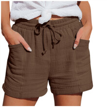 Shorts femininos leves, casuais, com cordão, confortáveis, cintura elástica, em algodão e linho, para o verão, com bolsos, marrom, tamanho XL.