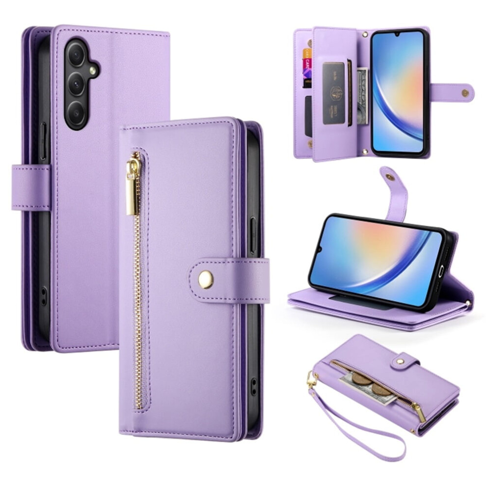 Leather Wallet Case For Samsung Galaxy A34 5G 6.6" Â Multi-Card Slots, Zipper Pocket, Lanyard Strap, Compatible With A34 5G Purple 9482726196198