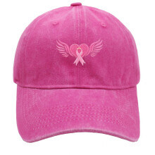 Boné de beisebol com asas bordadas com laço rosa, ajustável, em jeans, unissex, rosa choque, ideal para conscientização sobre o câncer de mama.