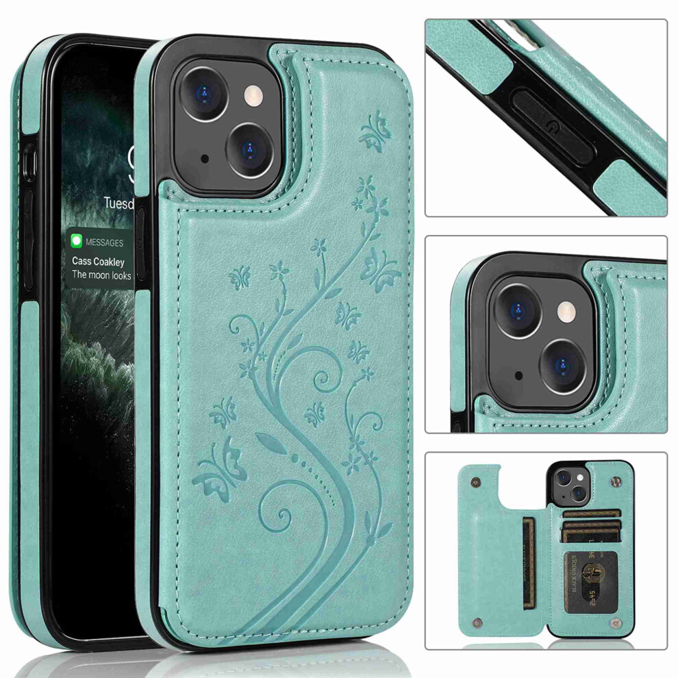 Iphone 13 Wallet Case With Card Holder, Butterfly Flower Embossed Faux Leather Kickstand, Shockproof Slim Flip Case Â Mint 9482726198055