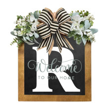 Couronne de porte personnalisée avec nom de famille, plaque en bois de 38 cm – Décoration de porte d'entrée toute l'année, cadeau de pendaison
