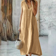 Damen-Maxikleid aus Baumwoll-Leinen-Mischgewebe mit V-Ausschnitt, ärmellos, einfarbig gelb, lockere Passform, ideal für Frühling/Sommer, Strand