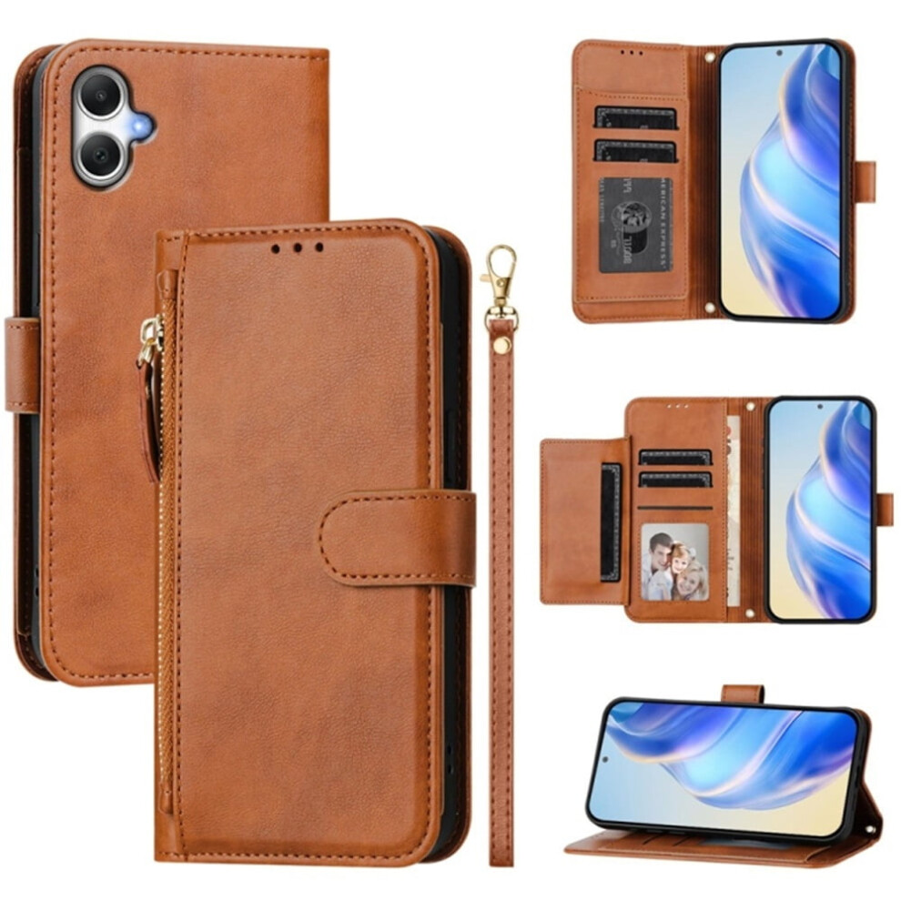 Leather Wallet Case For Samsung Galaxy A06 4G/5G, 6.7", Multi-Card Slots & Zipper, Compatible With Galaxy A06 4G/5G Brown 9482726199168