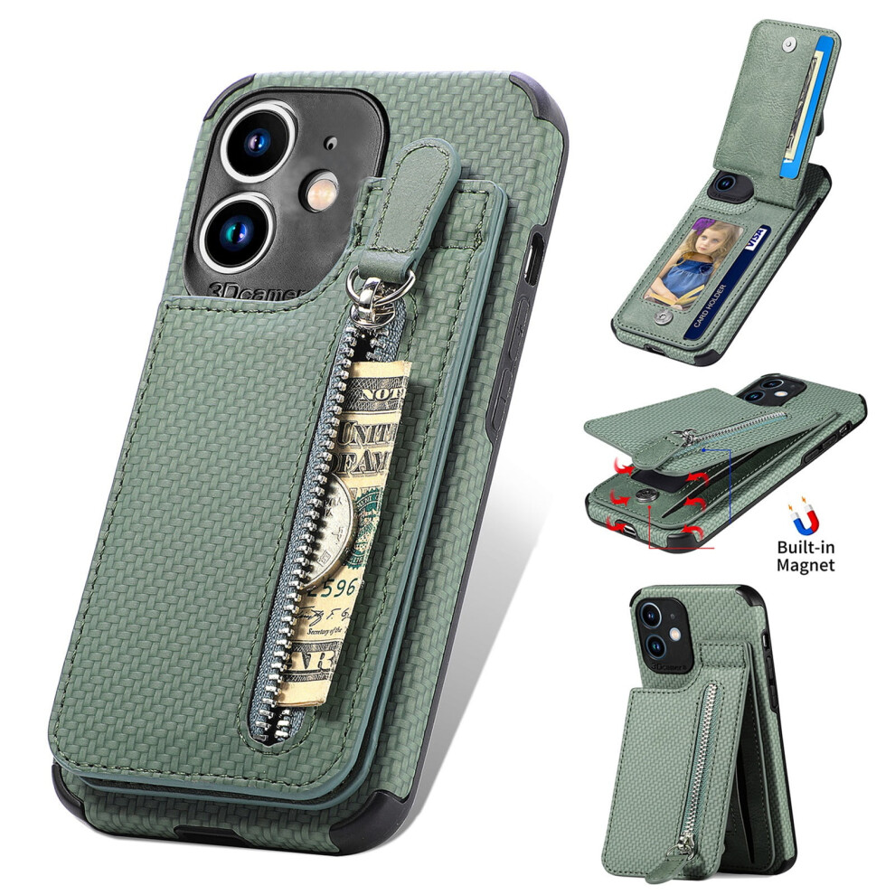 Leather Wallet Case With Zipper & Card Slot For Compatible With Iphone 11 (6.1") Green 9482726198703