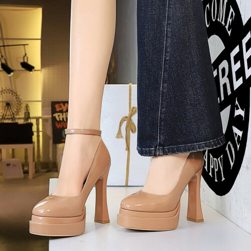 Women's Leather Strap Round Toe Block Heel Pumps