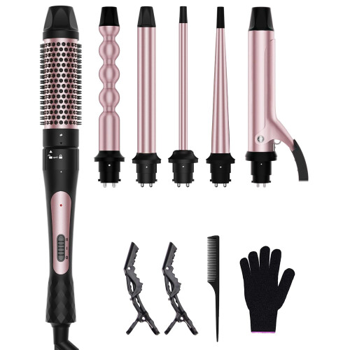 Σετ σίδερου Hair Waver 6 σε 1 με θερμική βούρτσα και ράβδο για μπούκλες με φούσκα,
