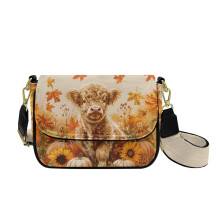 Dámska crossbody kabelka z umelej kože s motívom puzdra Highland Cow Pumpkin Sunflower Maple Leaf – mini taška s nastaviteľným širokým