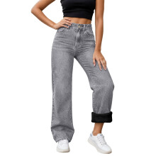 Damejeans Brede ben Jeans til kvinder Højtaljede afslappede forede denimjeans til kvinder Grå jeans Dametøj