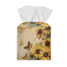 Tissueboxhoes van leer met zonnebloemmotief, vierkant vlinderdesign en drukknoopsluiting aan de onderkant – gemakkelijk schoon te maken houder voor