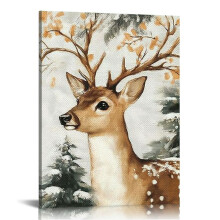 Kerstdecoratie met herten op canvas, 30 x 40 cm, winterse sneeuwdecoratie voor de feestdagen – past perfect in een moderne woonkamer.