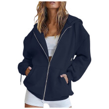 Felpa con cappuccio e zip da donna Y2K 2025, casual, a maniche lunghe, giacca sportiva autunno/primavera con tasche, blu navy, taglia XL