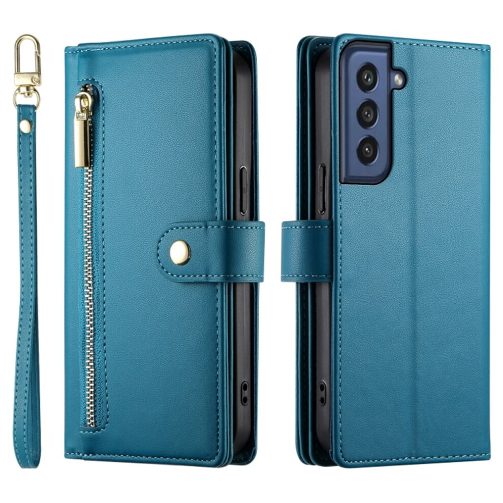 Compatible With Samsung Galaxy S21 Fe 5G 6.4" Wallet Case Â Leather, Multi-Card Slots, Zipper Pocket, Lanyard Strap Blue 9482726200079